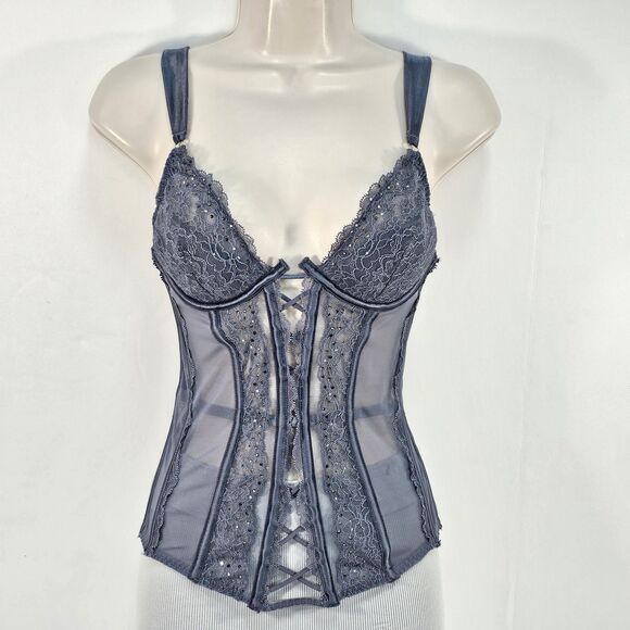 Victoria’s Secret 2014 Gray Lace Mesh & Rhinestone Lingerie Corset Top size 34B - Picture 2 of 10